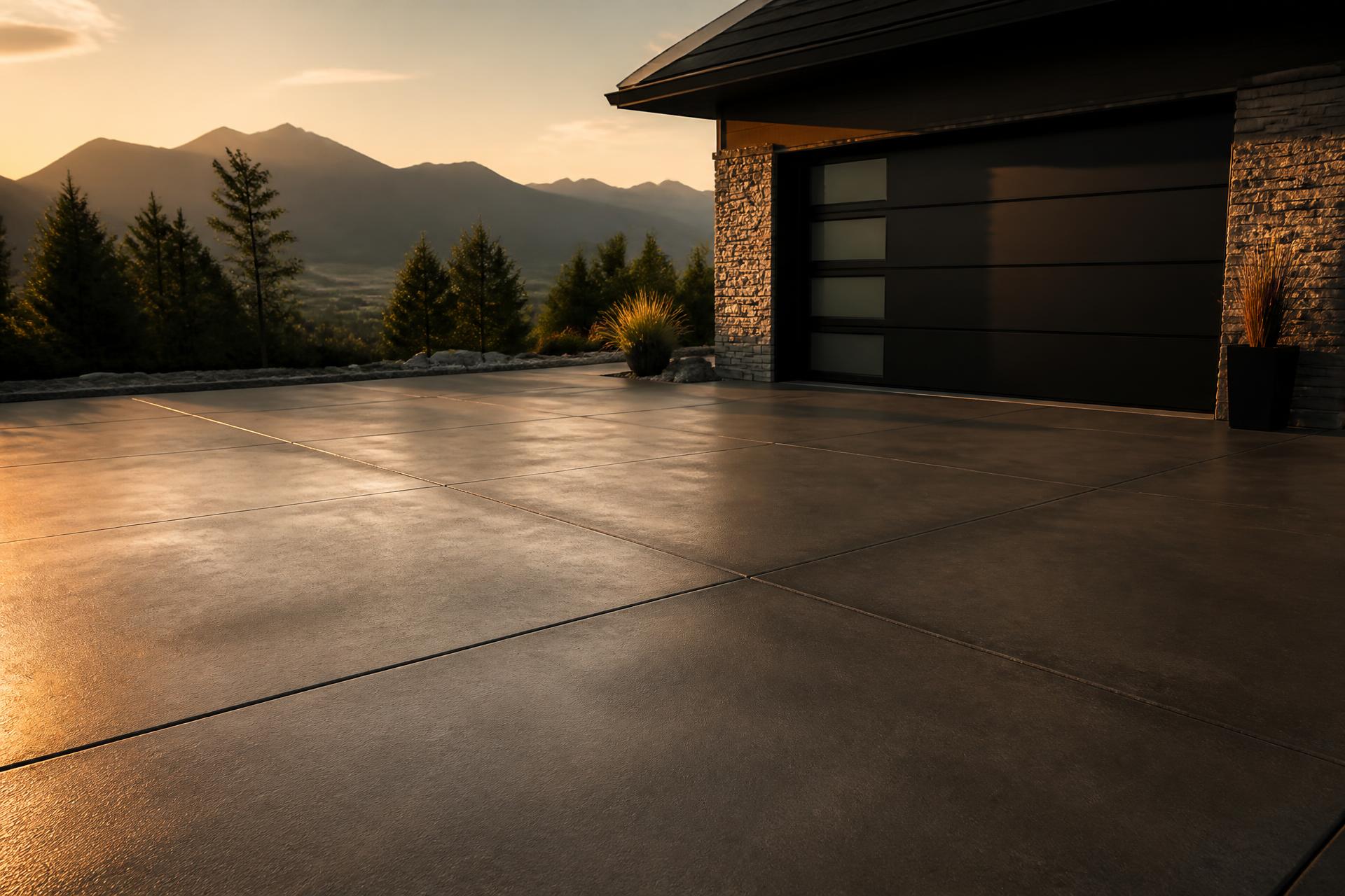 Freshly finished concrete driveway at a modern Fraser Valley home